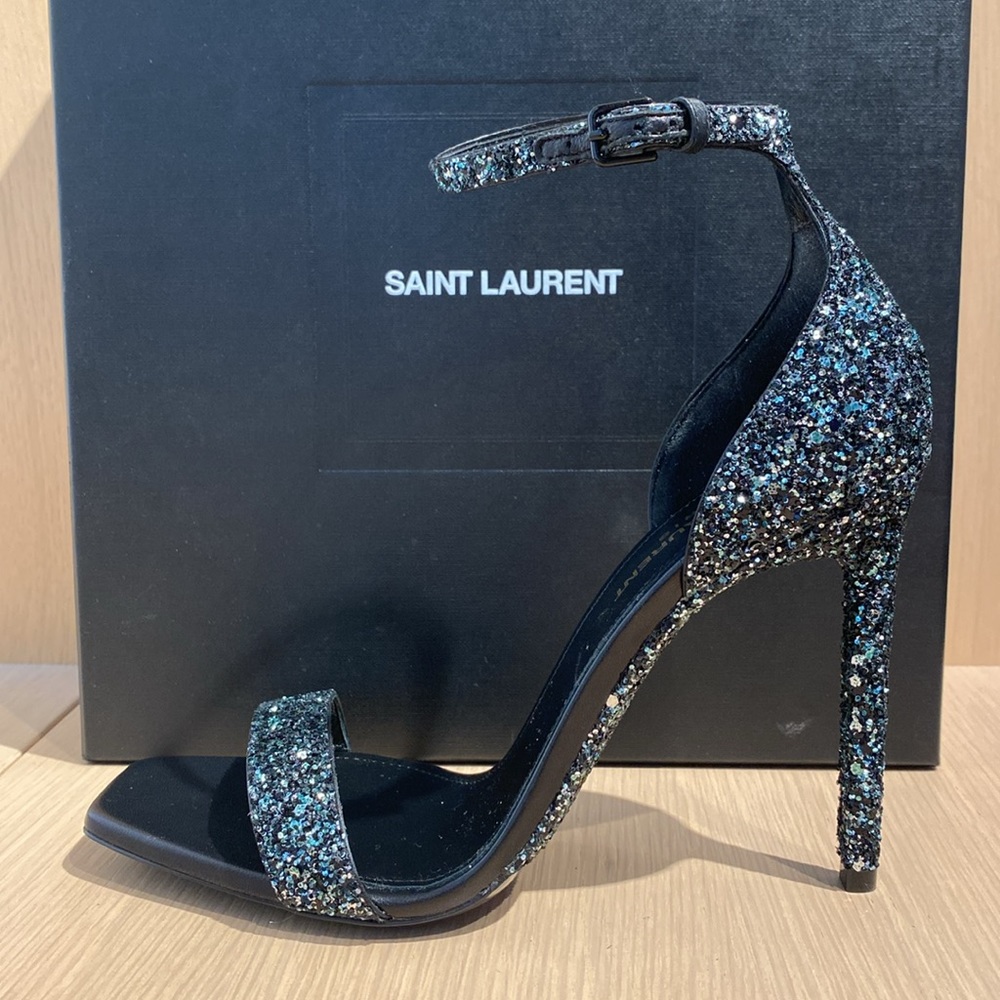 SAINT LAURENT Amber 105 Sandals - Glitter Midnight - 38 (Brand New)